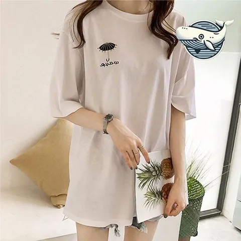 자수 프린트 와이드 롱 티셔츠 여름 홈웨어 티셔츠