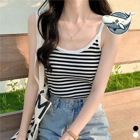 슬림핏 스트라이프 민소매탑 여름 스타일 스판 여성나시