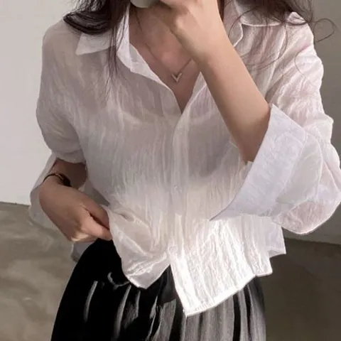 여성 롤업 셔츠 베이직 모던 시스루 네추럴