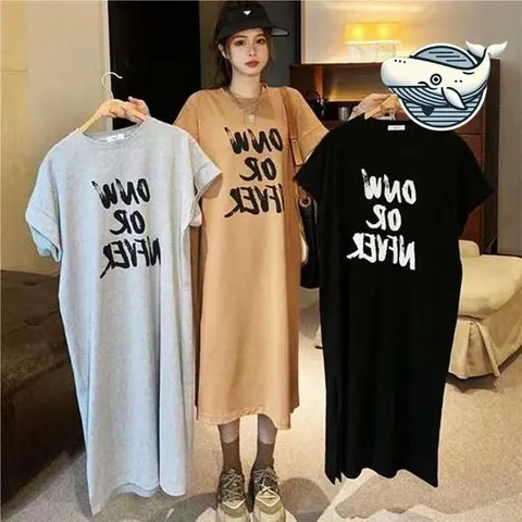 레터링 여성 편안한 레터링 반팔 롱 원피스 트임