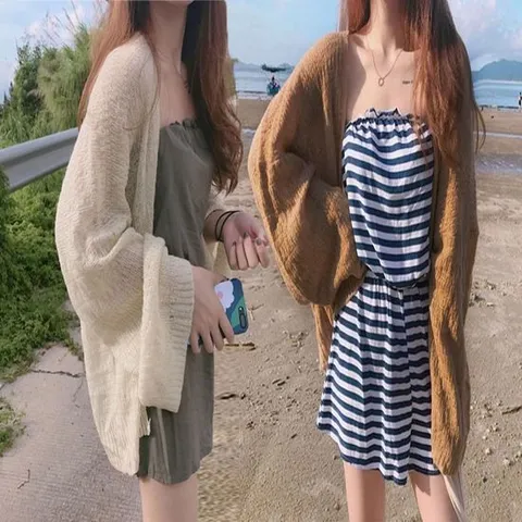 여름 벌룬 소매 루즈핏 시스루 얇은 가디건 긴팔