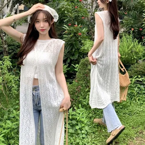 여름롱원피스 뷔스티에 나시 레이어드 롱원피스 펀칭 레이스 시스루