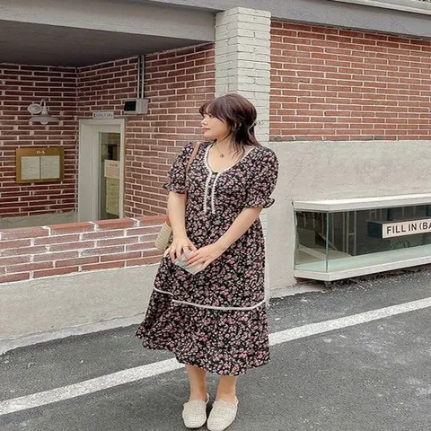 쉬폰원피스 여성 플라워 라운드넥 팔끝 셔링 반팔 롱원피스