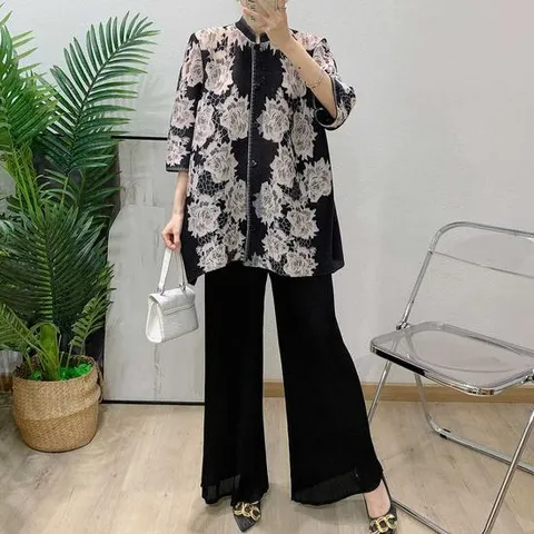 플라라 (88까지)플리츠엔틱아트프린팅블라우스+팬츠SET