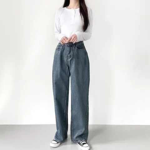 패션] 로코 사선 세미 와이드 데님 팬츠 청바지 스키니 여성