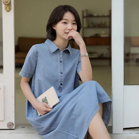 빼빼닷컴 자체제작 카라넥 포켓 반팔 셔츠 데님 롱 원피스