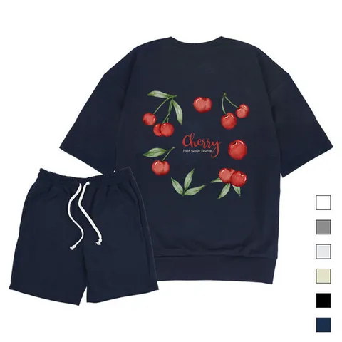 [폴앤폴]프레쉬썸머체리 오버핏 반팔 맨투맨 반바지 세트 남여공