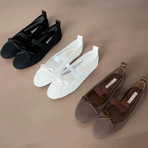 여성 리본 포인트 시스루 망사 플랫 메리제인 슈즈