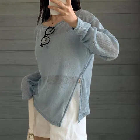 여성 여름 슬릿 보트넥 긴팔 골지 린넨 티셔츠