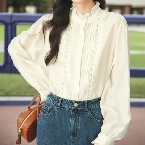 [SALE]여성 프릴 레이스 넥 포인트 페미닌 블라우스