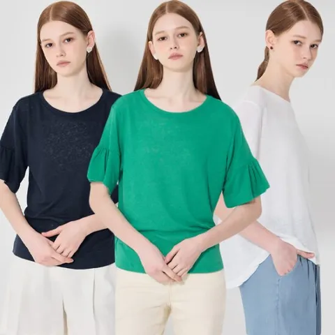 르오트 린넨블렌디드 퍼프 슬리브 데일리 반팔 티셔츠 3종세트