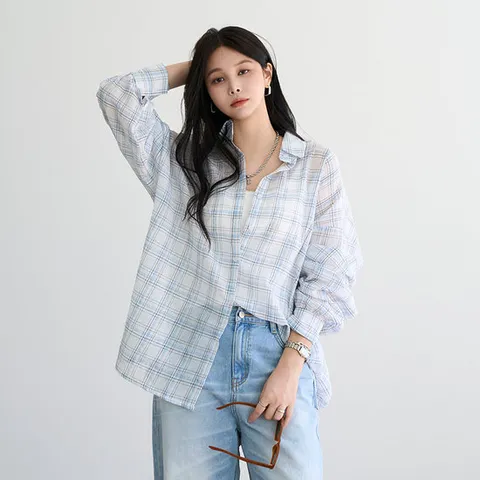 [피핀] 49700 린넨 오버핏 체크 셔츠