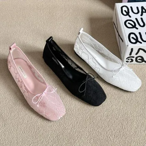 [옷자락]여자 망사 레이스 리본 컬러 둥근코 단화 플랫슈즈