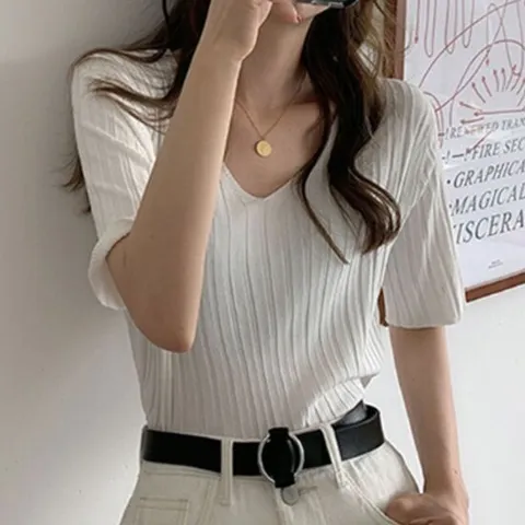 브이넥 골지 니트 티셔츠 반팔티 무지 데일리 4컬러