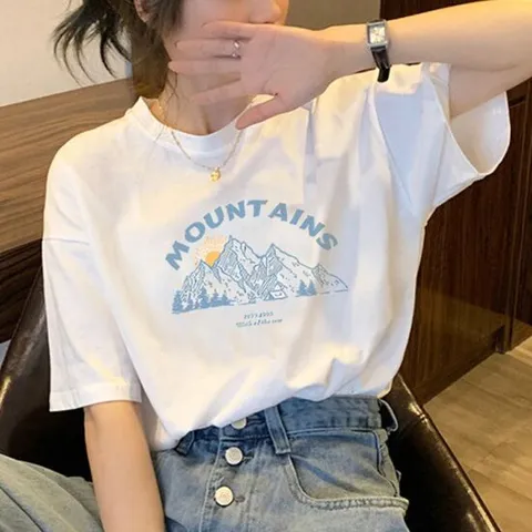 여성 면 프린팅 레터링 여름 흰 반팔 티 셔츠 마운틴
