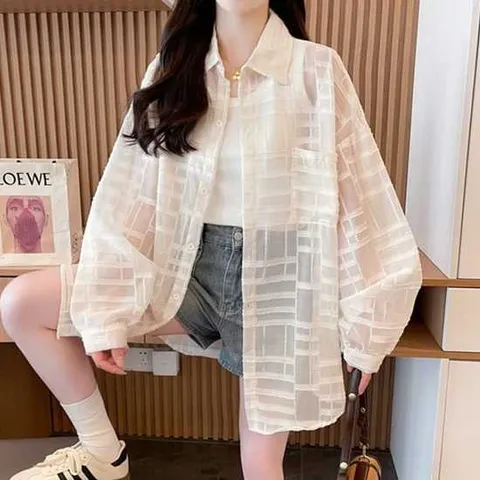 나바바 / NB2646 여성 시스루 격자 얇은 루즈핏 긴팔 셔츠