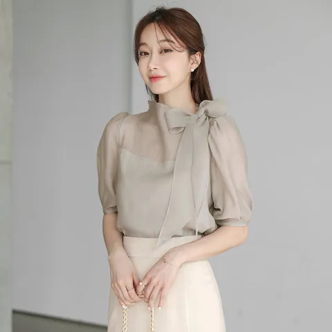 [오브리에] 로이샤 리본 타이 반팔 블라우스