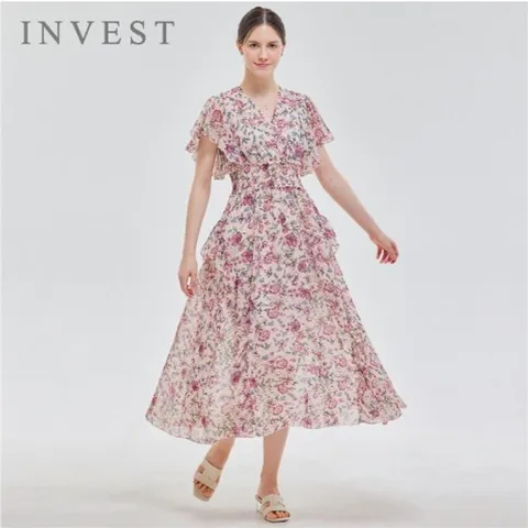 날개 소매 플라워 롱 원피스_INI5M1OP3491