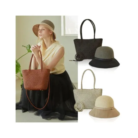 [드릴리스]핸드메이드 소가죽 위빙 토트백+버킷햇 세트