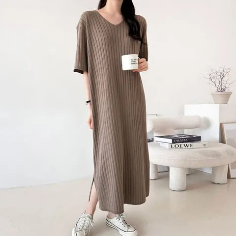 까르죠아 브이넥 골지 니트원피스 여름 반팔 롱