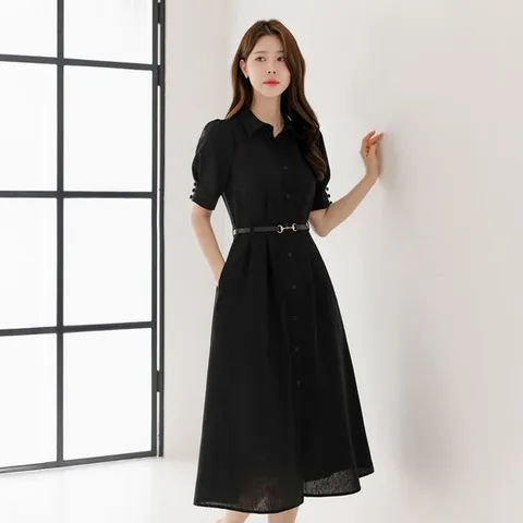 [시크라인] 조니엔 카라 퍼프소매 벨트 플레어 원피스