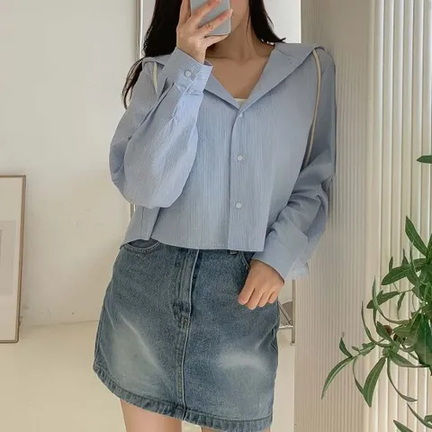 시어서커 크롭 후드 스트라이프 자켓셔츠