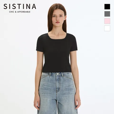 [SISTINA] 인기 배색 스퀘어넥 크롭 티셔츠_AWJTSP21020
