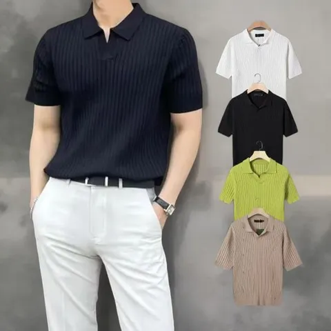 [옷자락]남자 반팔 카라넥 니트 골지 티셔츠