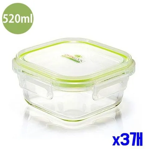 전자렌지용밥용기 정사각형 유리찬통 2호 520ml x3개