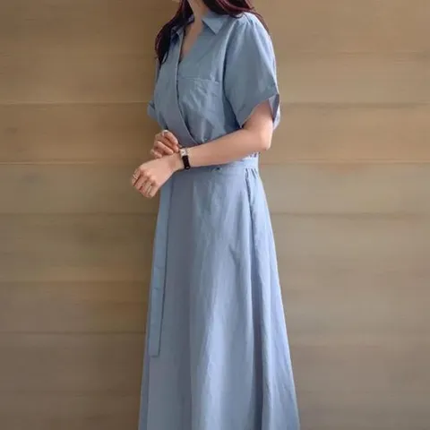 여성용 심플한 레이온 브이넥 랩형 반팔 A라인 긴 드레스