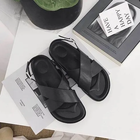 [에이치플러스몰]x스트랩 가죽 샌들 여자 블랙 데일리 편한 슈즈