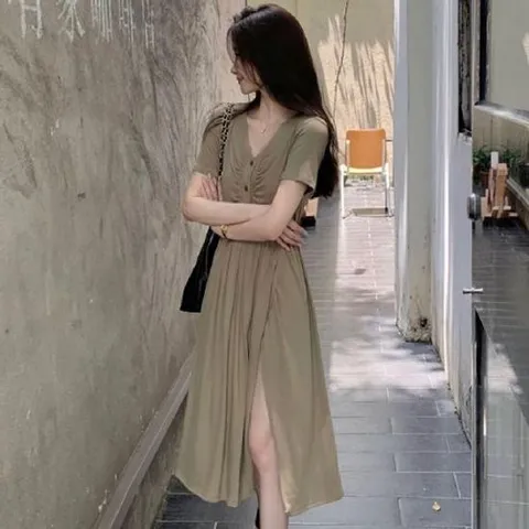 원피스 OPS 여성 브이넥 밑단 트임 섹시 캐주얼 랩스타일 여름