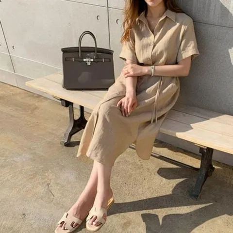 원피스 OPS 여성 피서 여행 쿨한 린넨 반팔 셔츠형 롱 여름