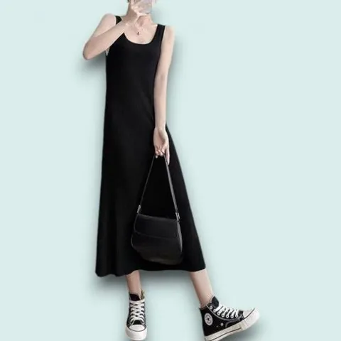 원피스 OPS 여성 게더릭 민소매 골지 롱 M 블랙