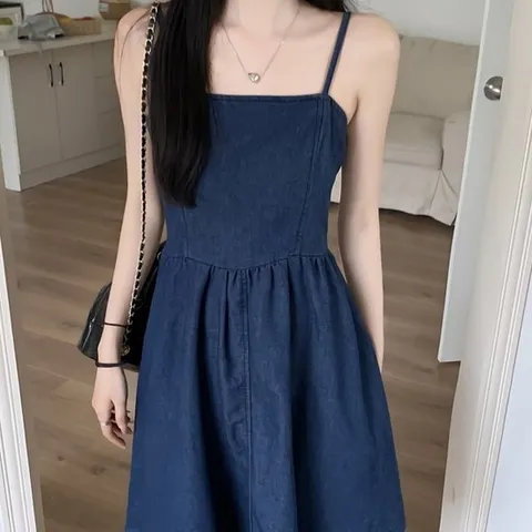 여성 썸머 데일리 끈나시 데님 미니 원피스