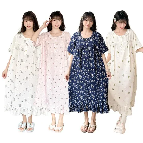 에클렛 여성 여름 요루면 반팔 홈웨어 롱 원피스잠옷 파자마
