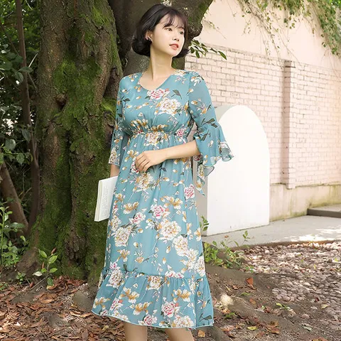 빼빼닷컴 자체제작 어여쁜 날개소매 브이넥 허리밴딩 끈세트 꽃원피스