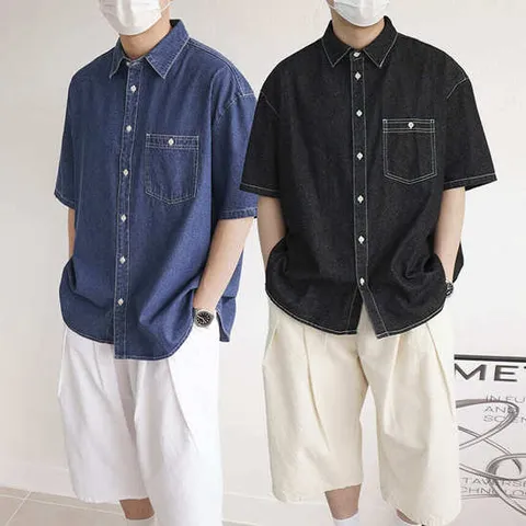 [쿼터]남자여름데님셔츠 청반팔셔츠 스티치 오버핏 여름 청남방