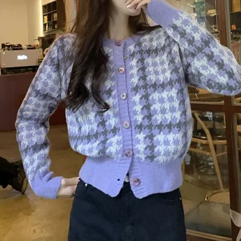 로맨틱 퍼플 패턴 니트 보라색 가디건
