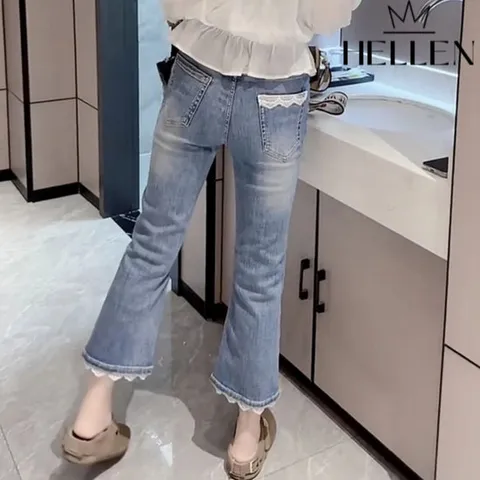 [헬렌] 레이스 포인트 플레어 9부 데님팬츠 레이9부데님팬츠 B-275