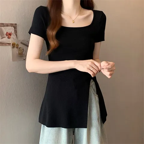 [아리엘스타일]스퀘어넥 데일리슬릿탑 베이직무드 헤이링니트반팔