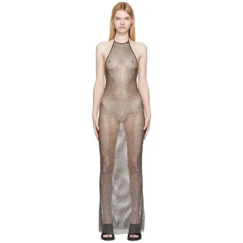 AMI Paris 원피스 블랙 라인스톤 피쉬넷 맥시 드레스 221482F055002