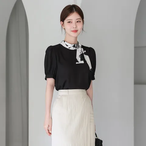 [오브리에] [반팔버전] 젠타 패턴 타이 반팔 블라우스