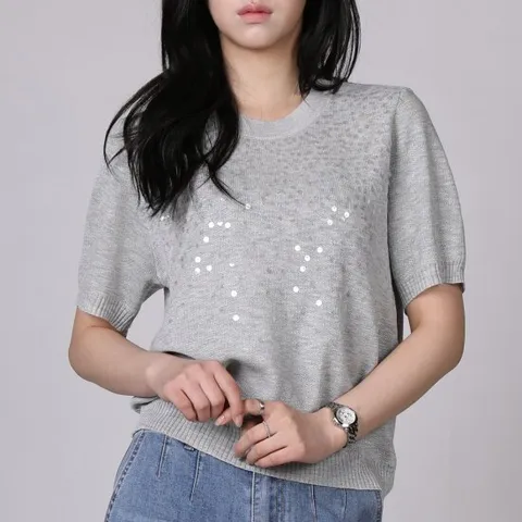 [헤이올리]자체 조명/ 썸머 쿨링 비즈 포인트 반팔 라운드넥 니트 NH471