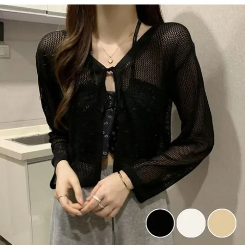 여름 시원한 여성 시스루 레이어드 숏 크롭 가디건