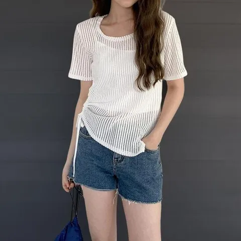 여성 메쉬 나시와 셔링 언발 니트 반팔 세트