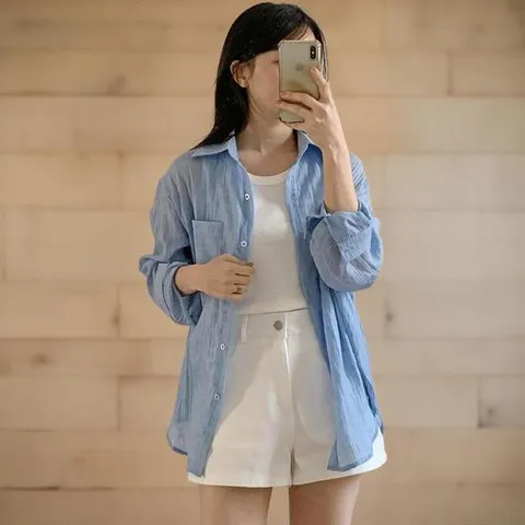 [미라클세븐]여성 기본 컬러 면 시스루 오버사이즈 셔츠