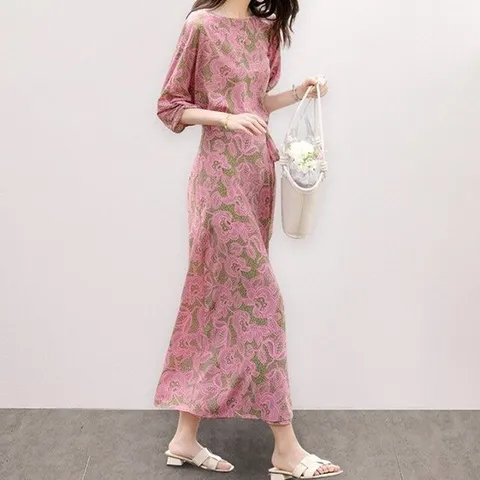 [핑크엘리제]라운드넥 스트랩 패턴 롱 원피스 다이나롱원피스