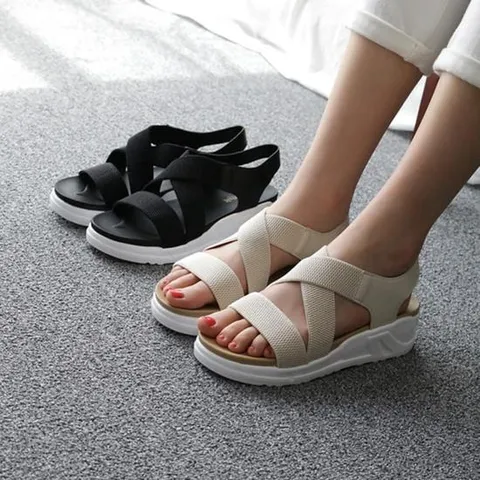 [옷자락]여자 무지컬러 니트 크로스 스트랩 밴딩 샌들