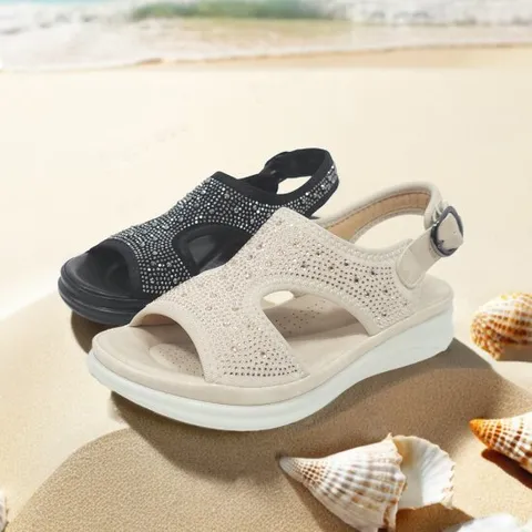 룩펠 스팽글 큐빅 경량 여름 샌달 여성 통굽 웨지 비치 샌들 키높이 여자 슬리퍼 뮬